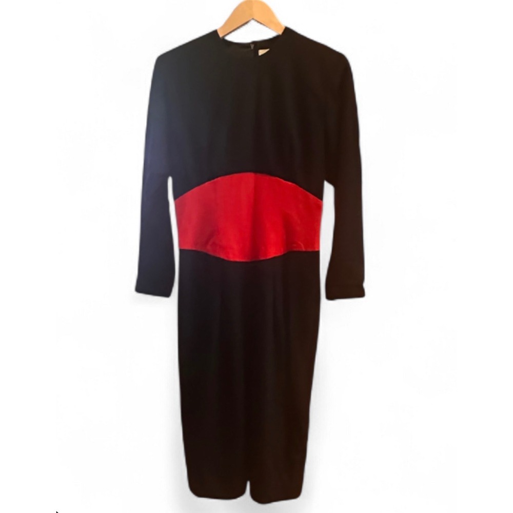 Vintage S.G. Gilbert 100% Wool Black Red Colorblock Midi Dress Size 10 USA Made